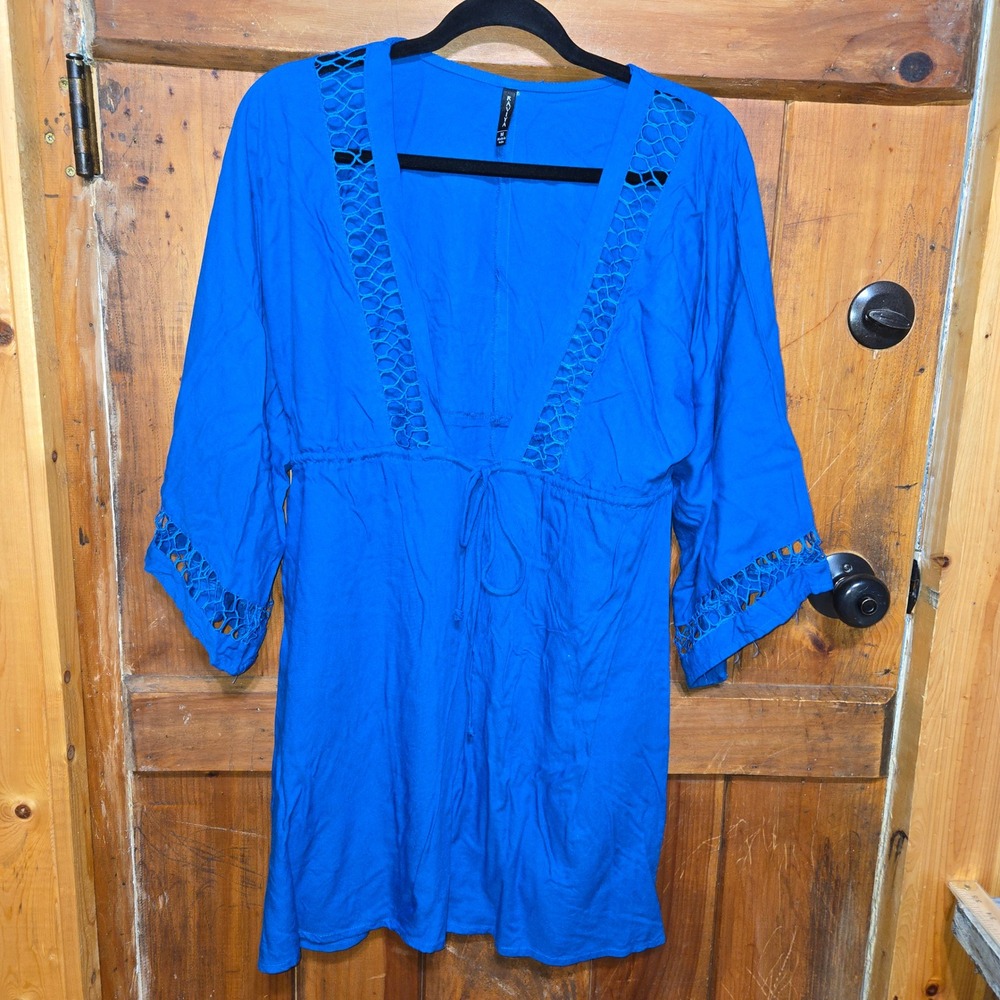 Raviya Royal Blue Crochet Trim Drawstring Waist Swim Cover Up Dress Womens Med